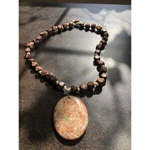 Autumn Jasper Stone Pendant Necklace w Square Wooden Beads Boho Handmade Hippie